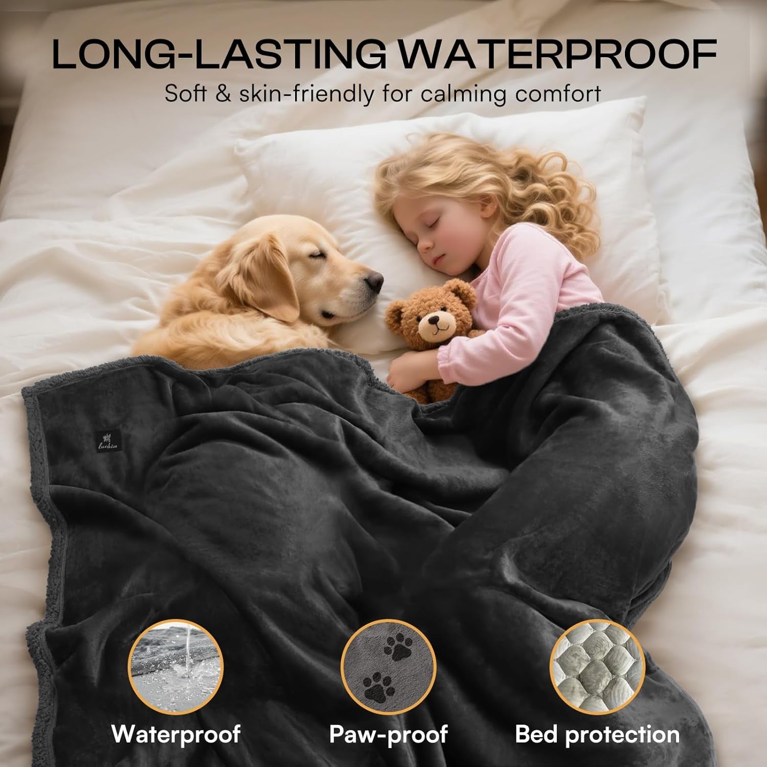 Waterproof Bed Blanket Washable,Soft Sherpa Fleece Puppy Reversible Throw Blankets for Small Dog Cat, Furniture Cover Protector Couch Bed from Liquid Pee and Pet Fur, Black, 40" X 28"