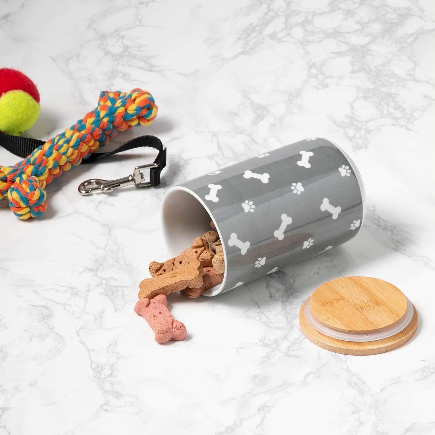 Ceramic Canister with Bamboo Lid, Paw & Bone Collection, Treat Jar, 4X6.5, Gray