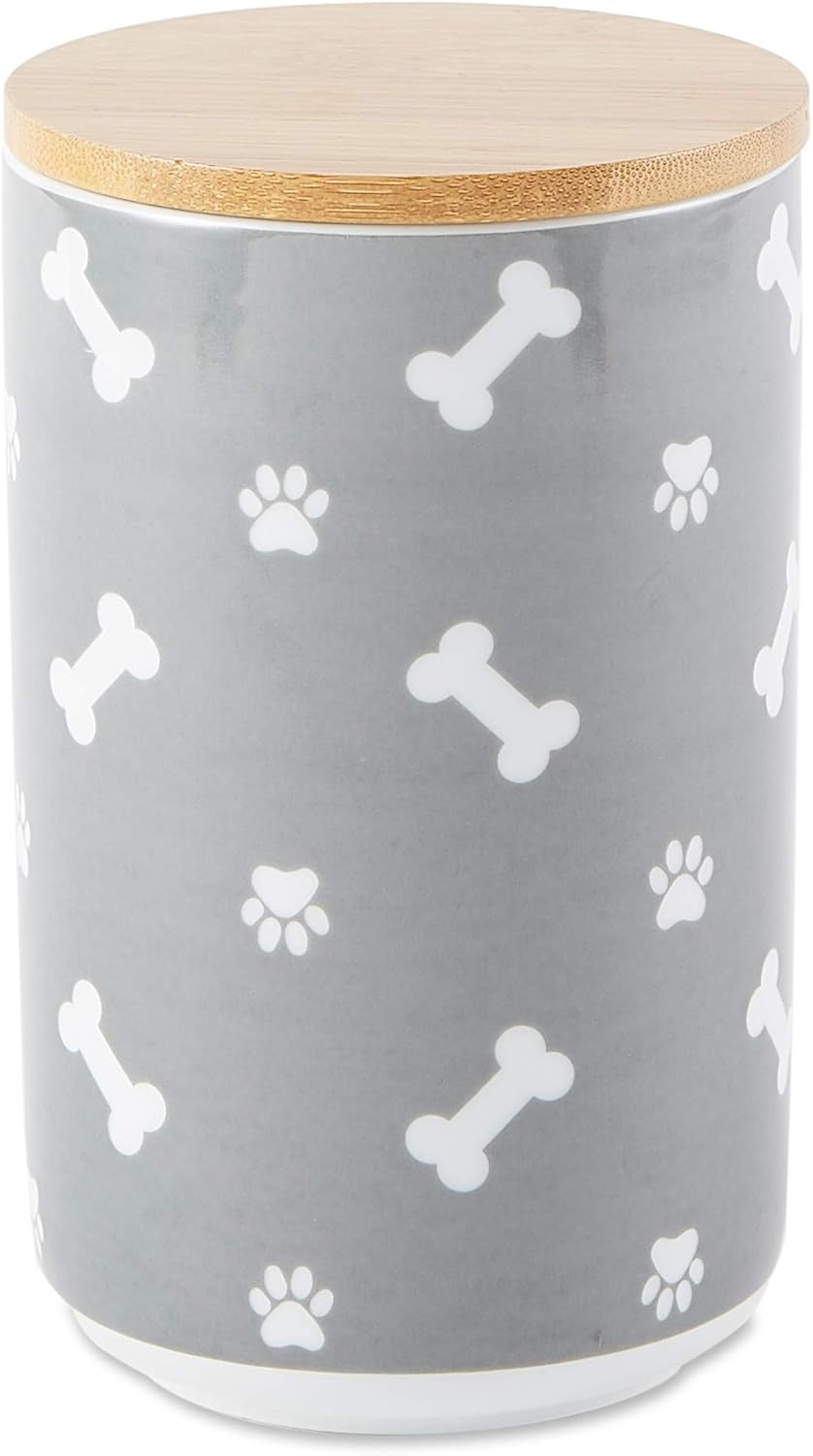 Ceramic Canister with Bamboo Lid, Paw & Bone Collection, Treat Jar, 4X6.5, Gray