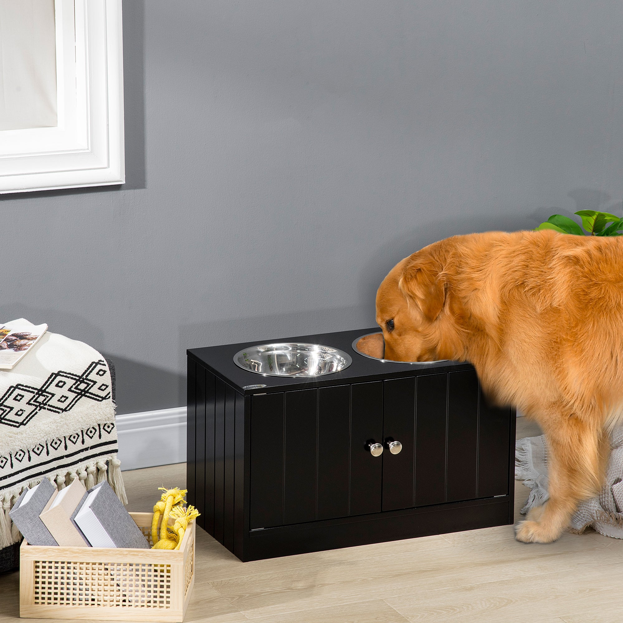 Large Elevated Dog Bowls with Storage Cabinet Containing Large 44L Capacity
