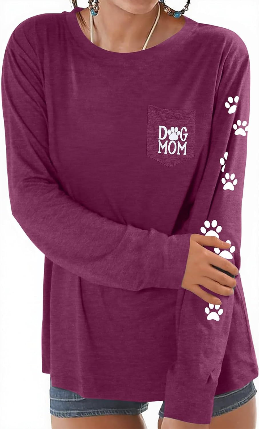 Women Dog Paw Shirt Paw Print Shirts Patch Pocket Casual Long Sleeve Shirt