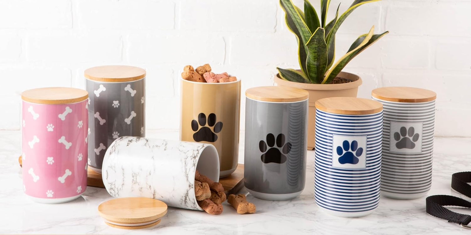 Ceramic Canister with Bamboo Lid, Paw & Bone Collection, Treat Jar, 4X6.5, Gray