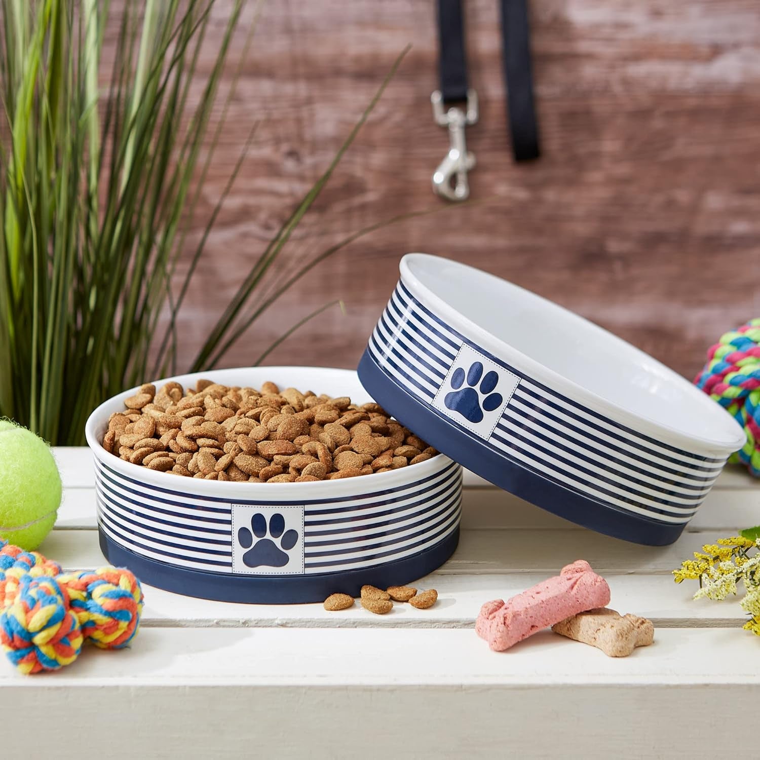 Paw & Patch Ceramic Pet Collection, Large Set, 7.5X2.4", Nautical Blue, (Pack of 2)
