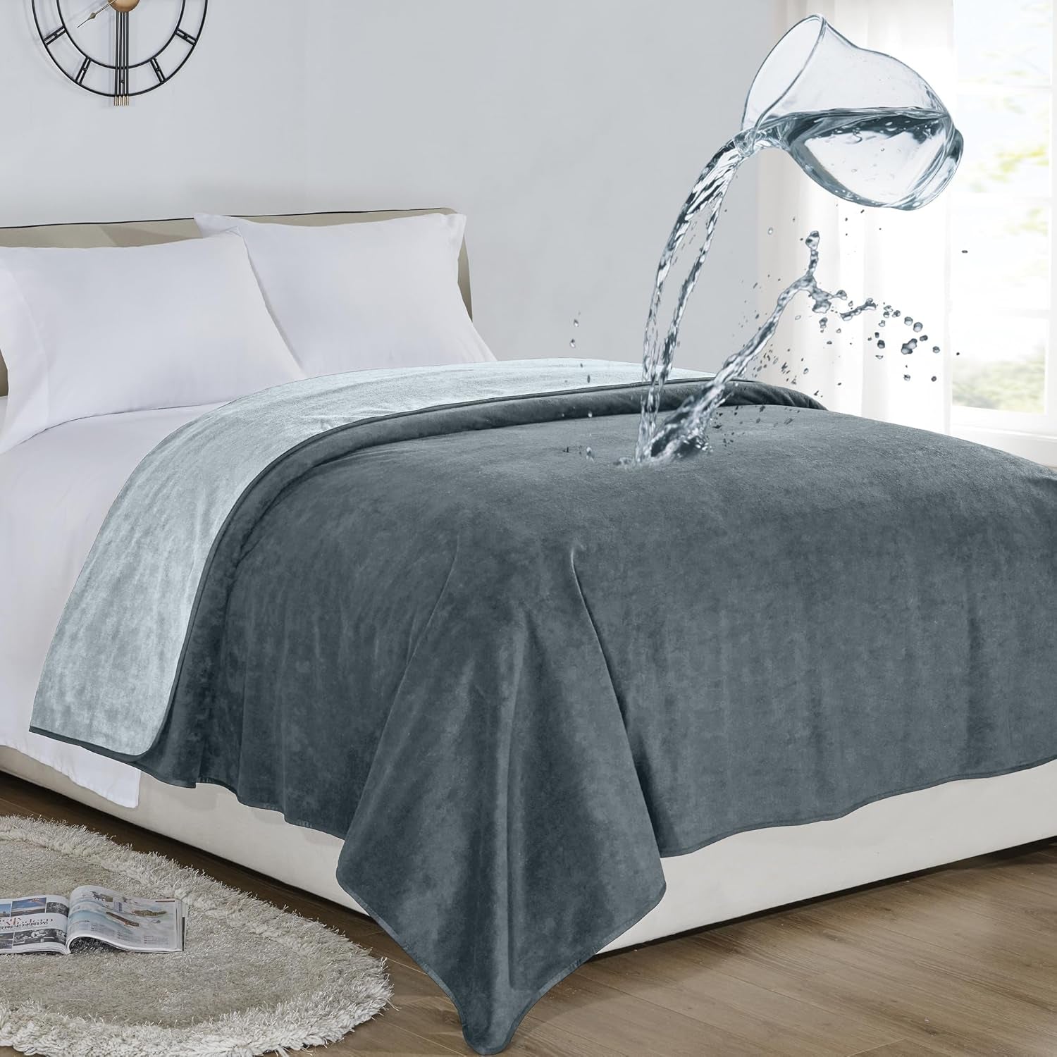 Waterproof 100% Leak Proof Blanket for Baby Adults Pets Dogs Cats, Pee Proof, 3 Layer Protector for Bed, Sofa Couch and Other Furniture, 70"X90", Charcoal | Light Grey, Reversible Lightweight