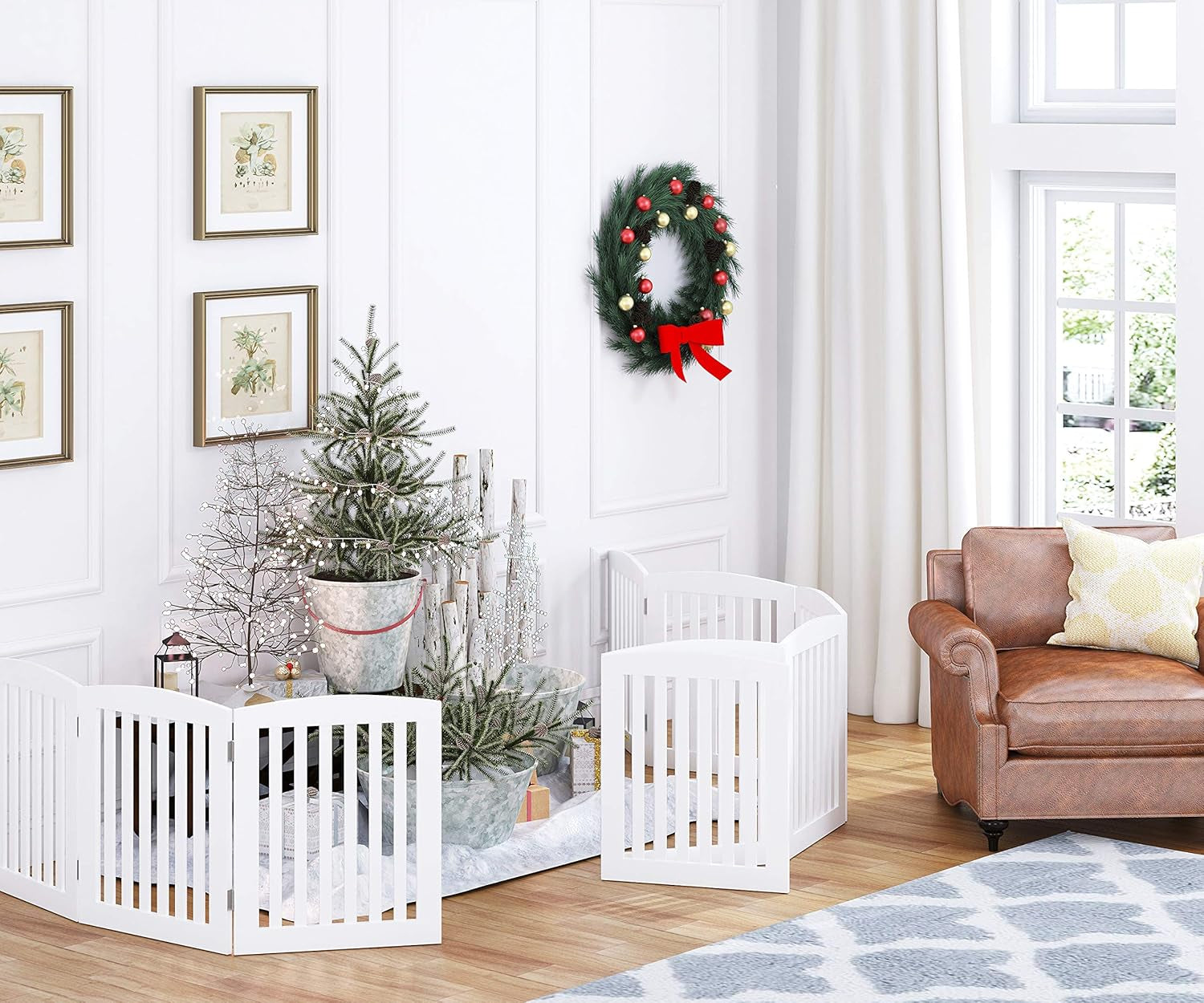 Wooden Freestanding Foldable Pet Gate for Dogs, 24 Inch 4 Panels Step over Fence, Dog Gate for the House, Doorway, Stairs, Extra Wide (White, 24" Height-4 Panels)